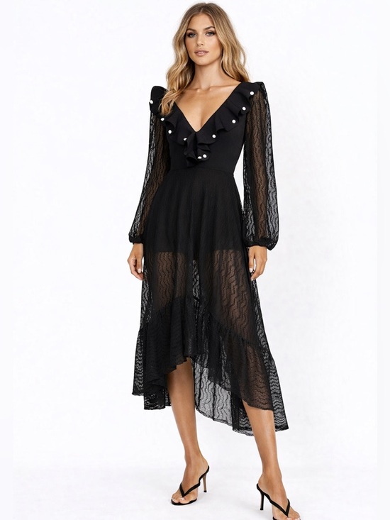 Bahian Mar Dresses & Skirts - BAHIA MAR Black Maxi Lace Dress with ruffles and pearls Size Large